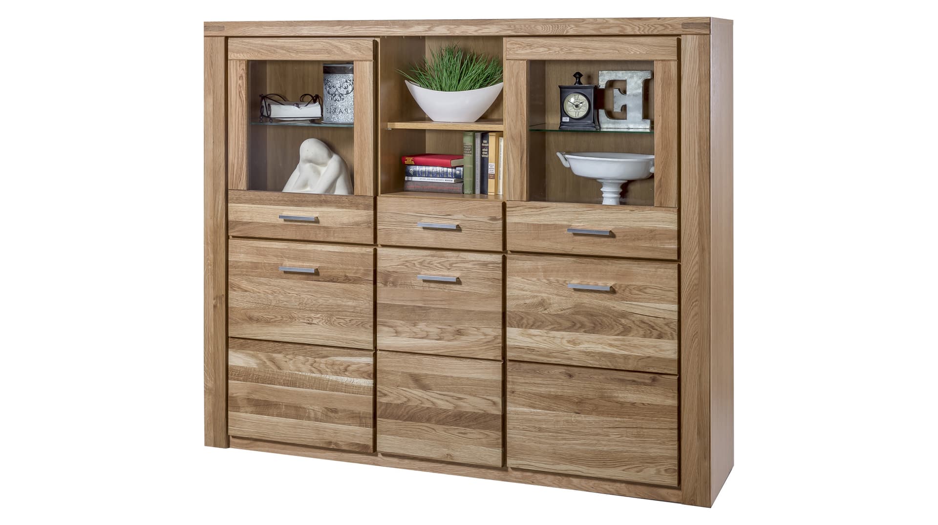 Highboard mit 2 Glastüren Wildeiche massiv geölt 159 cm - FREYJA