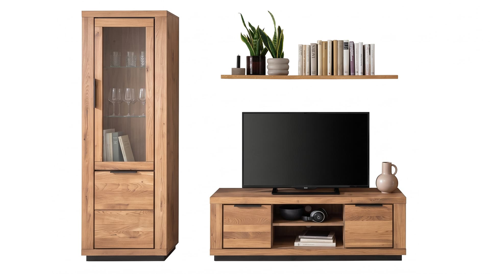 Wohnzimmer-Set Wildeiche 3-teilig mit Vitrine und TV-Lowboard - GRENO