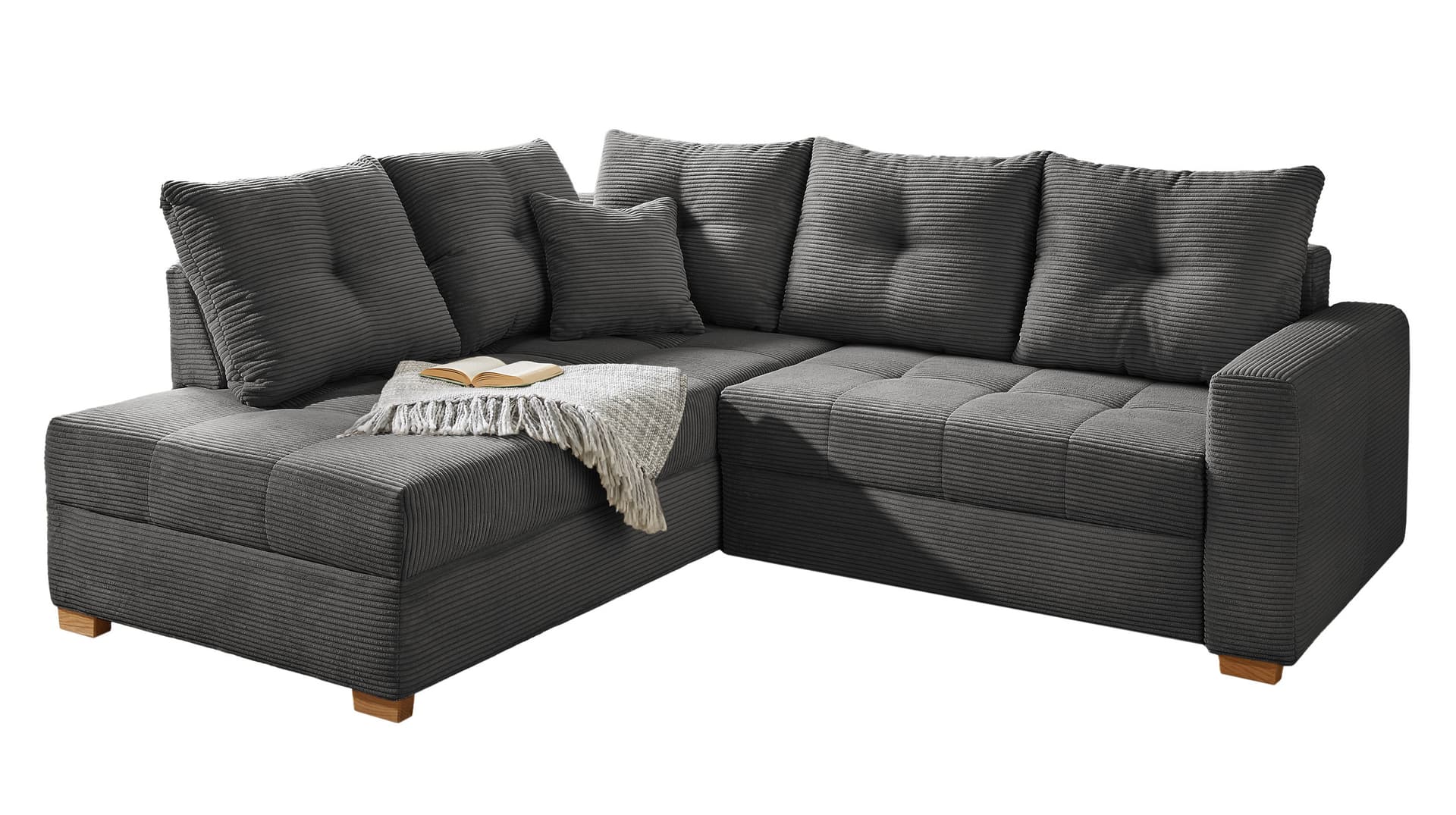 Ecksofa Cord 228 cm grau - Schlaffunktion Bettkasten - HEIDELBERG
