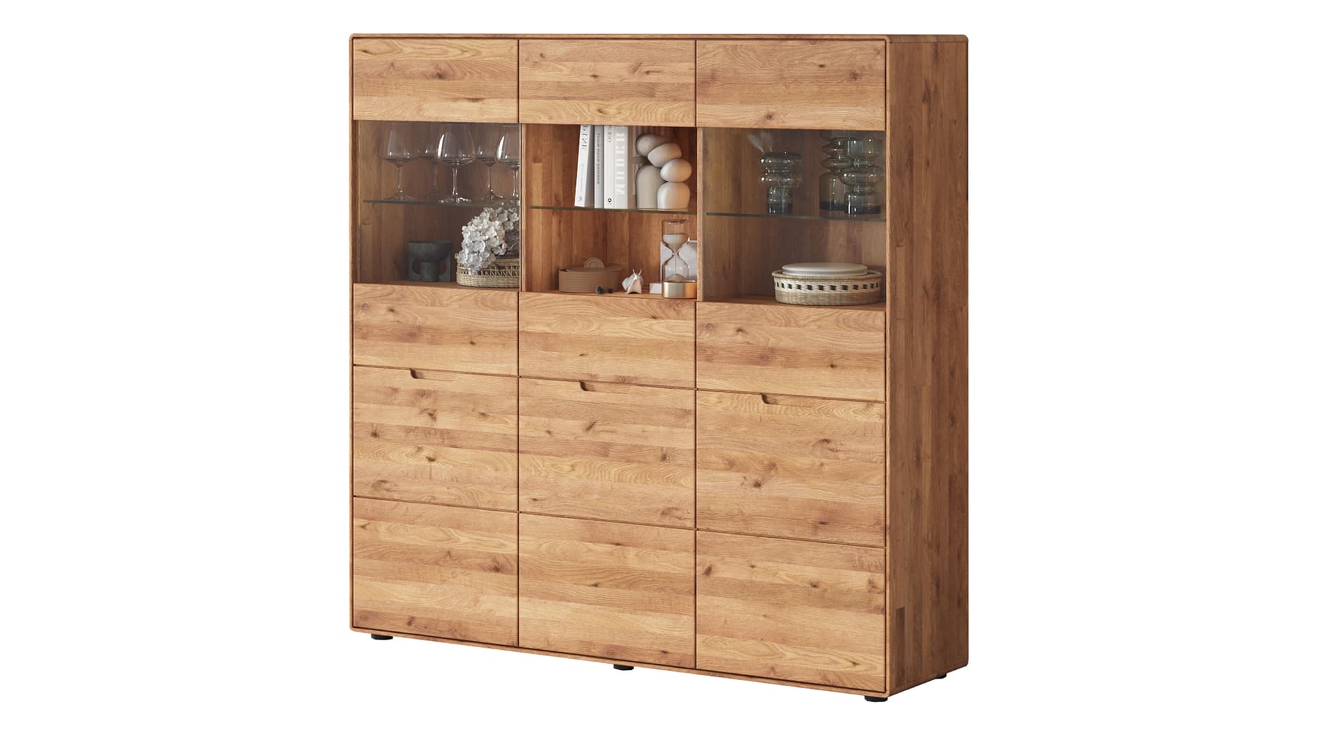 Highboard mit 2 Glastüren Wildeiche massiv geölt 149 cm montiert - LUCAS