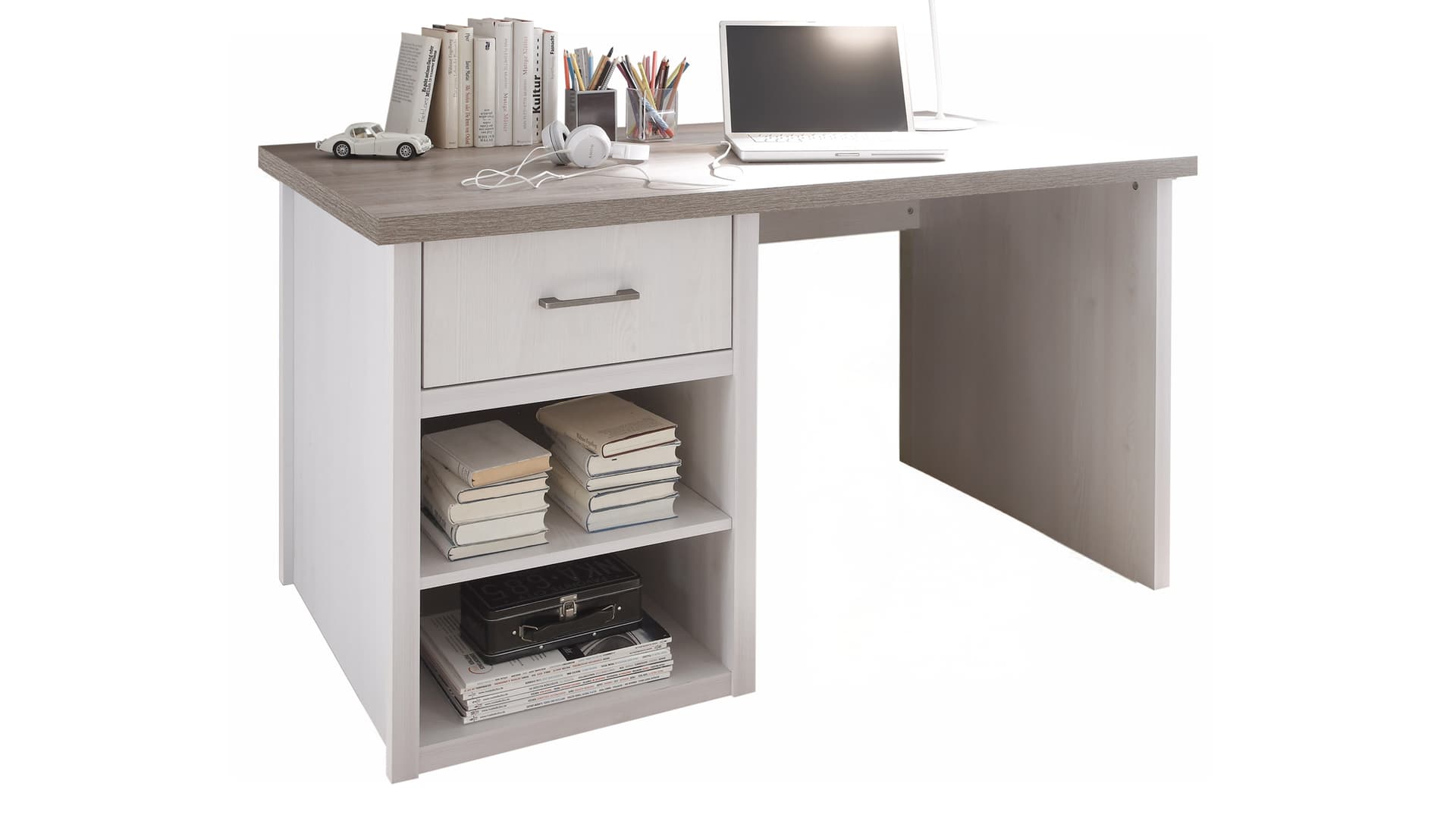Computerschreibtisch 141 cm Pinie weiß mit Schublade - LUCA