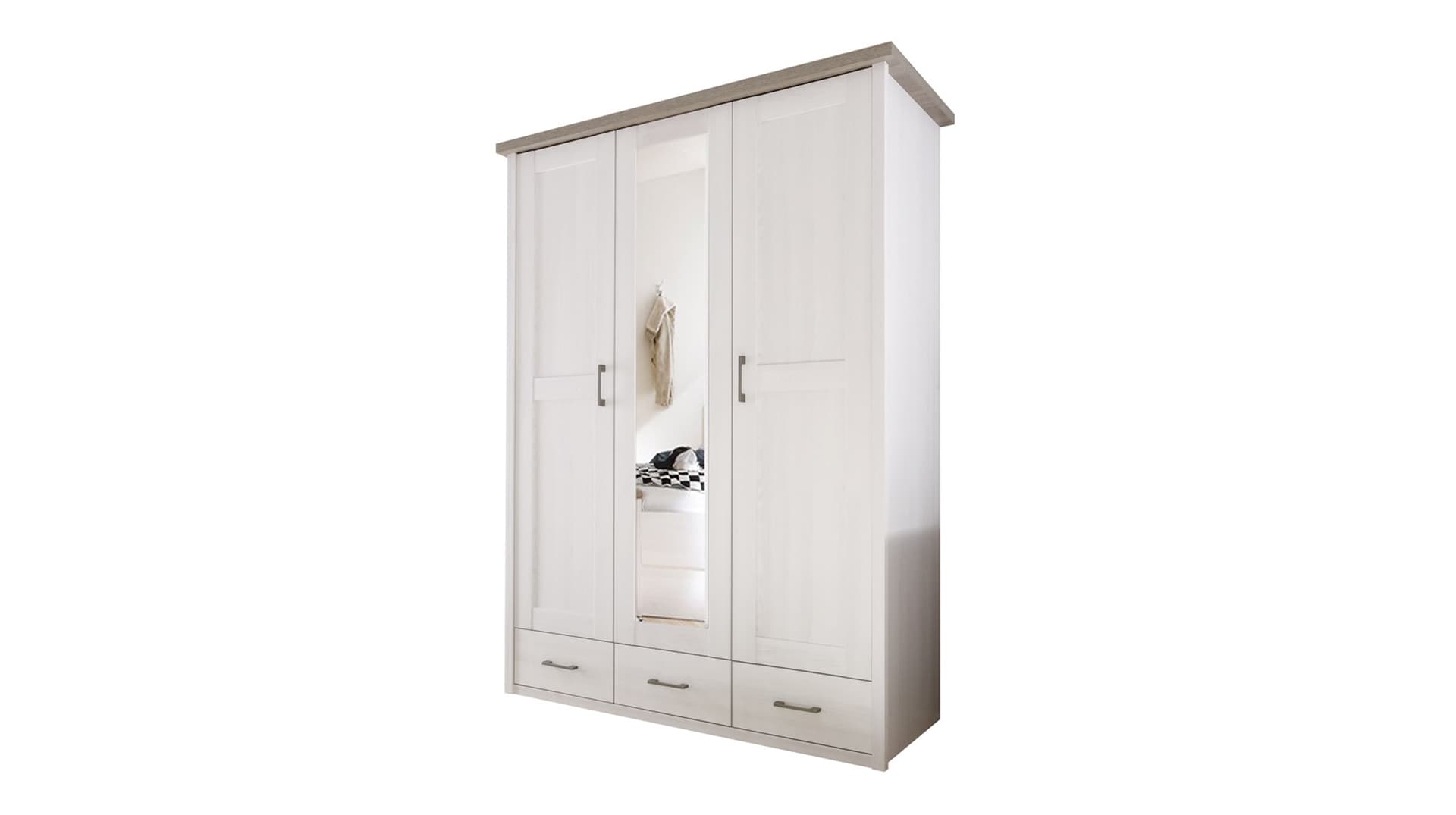 Kleiderschrank 148 cm Pinie weiß mit Spiegel und 3 Schubladen - LUCA