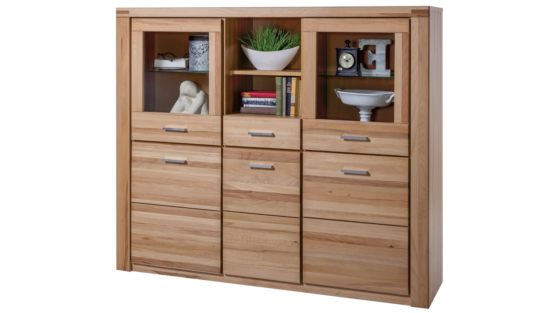 Highboard mit 2 Glastüren Kernbuche massiv geölt 159 cm - FREYJA