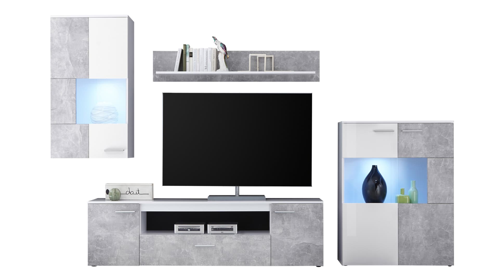 Wohnwand weiß - Betonoptik 290 cm mit LED-Beleuchtung - VULCAN