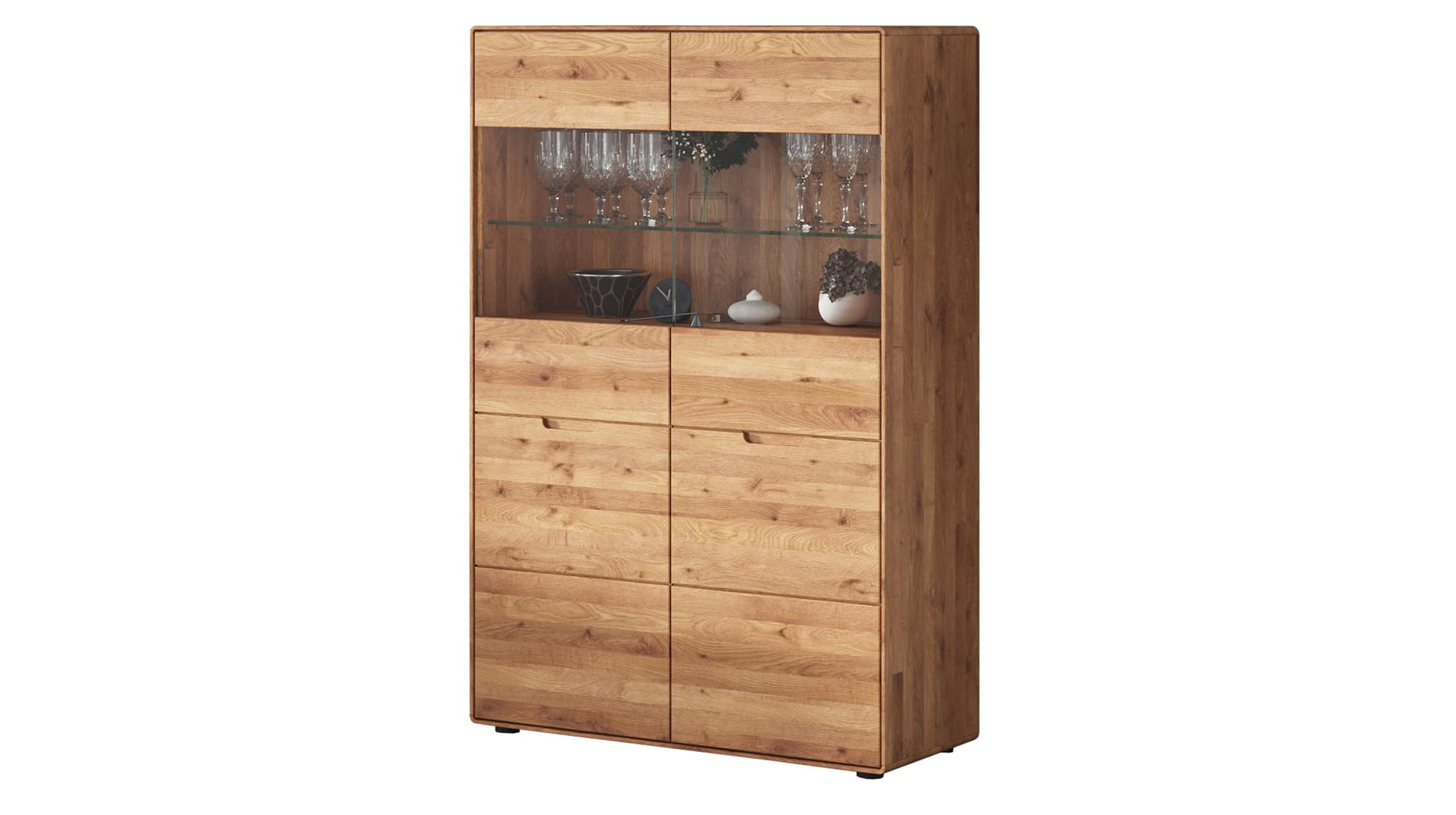 Highboard mit 2 Glastüren Wildeiche massiv geölt 100 cm montiert - LUCAS