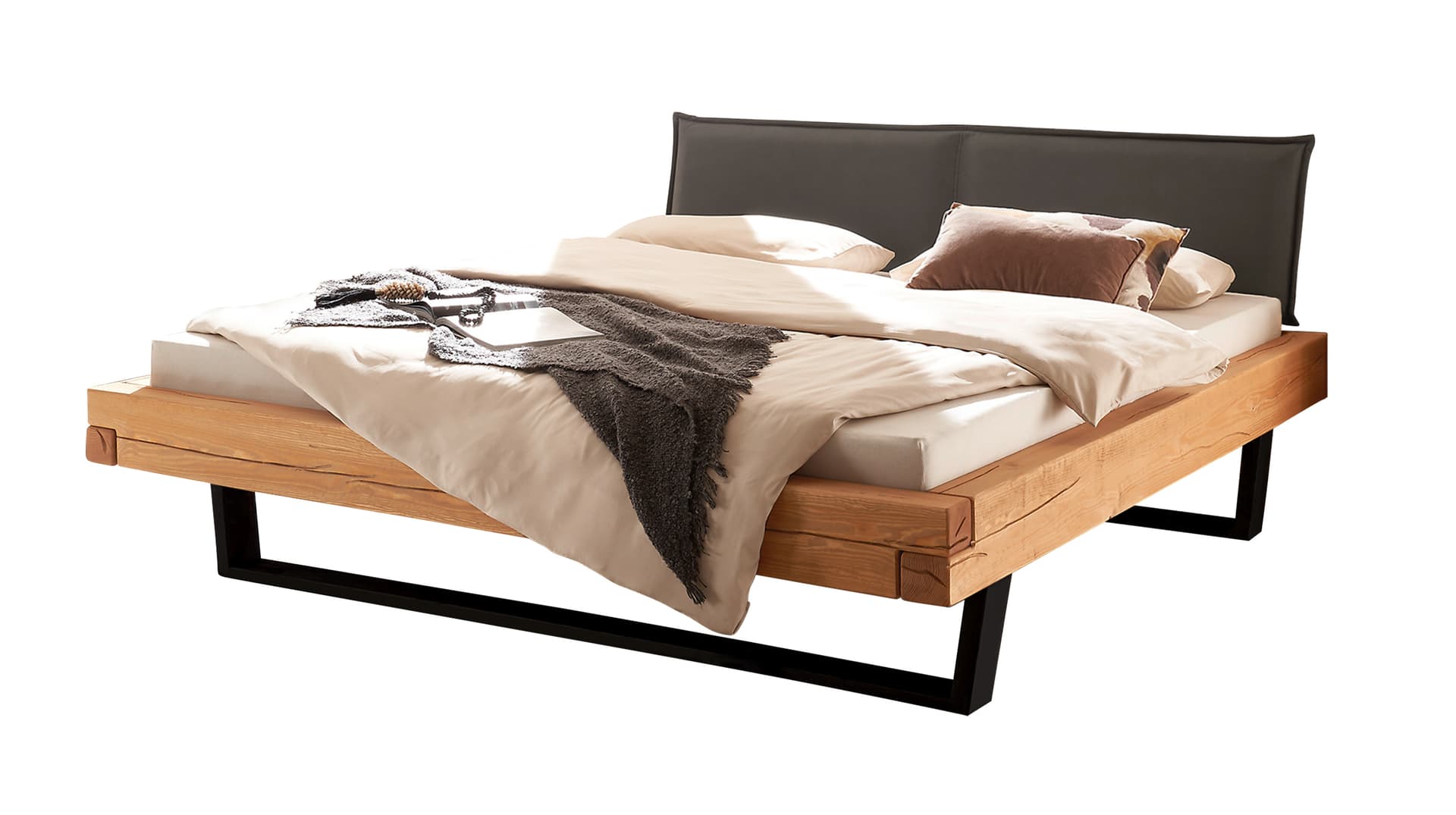 Balkenbett 140 cm Kiefer massiv Polsterkopfteil - Kufengestell - NORDEN