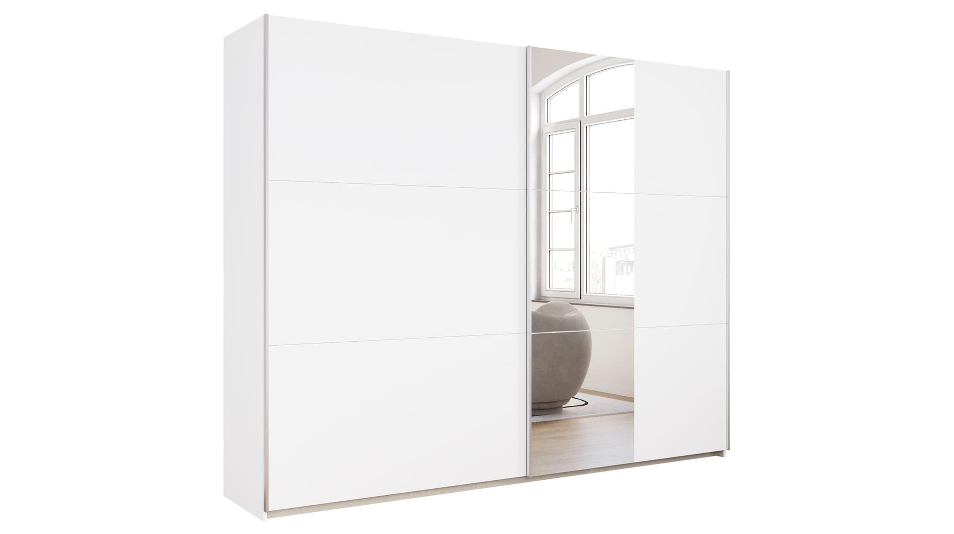Schwebetürenschrank weiß Spiegel 261 cm - rauch - KRONACH