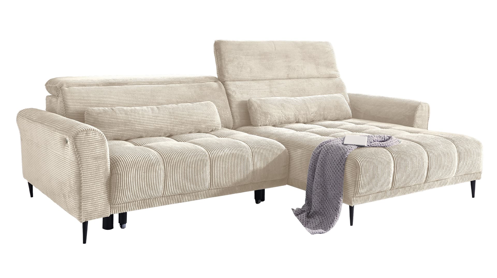 Ecksofa Cord beige elektrisch ausfahrbar 277 cm - OT rechts - LOGAN