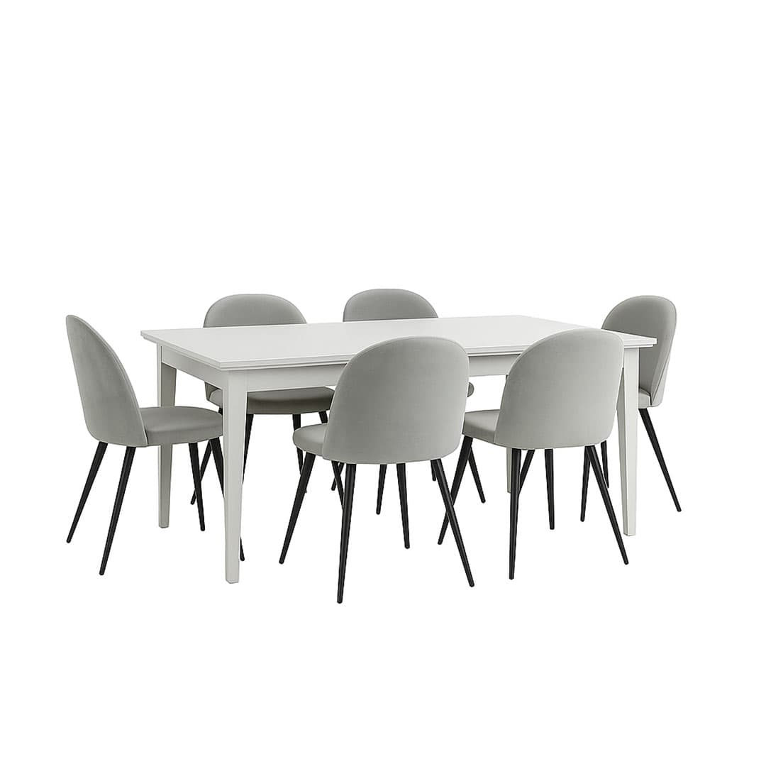 Venedig Essgruppe Tisch weiß 95x180/276 mit 2 Stk. Zusatzplatten 6 Stühlen Velour grau.