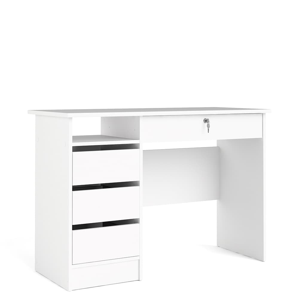 Plus Schreibtisch mit 1 Regal, 3 kleinen Schubladen und 1 großen Schublade mit Schlüssel, weiß.