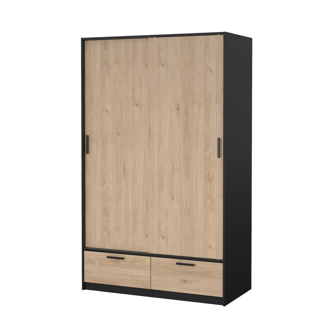 Line Kleiderschrank 2 Türen 2 Schubladen Nussbaum dekor schwarz matt.