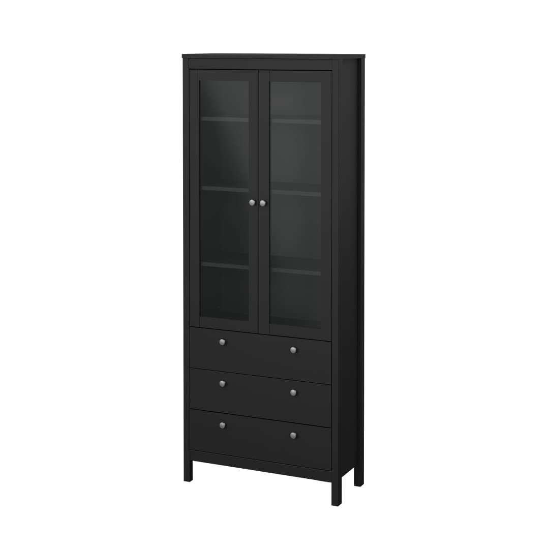 Madrid Vitrinenschrank 2 Glastüren 3 Schubladen schwarz matt.