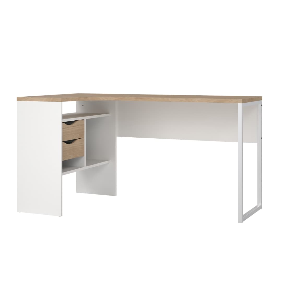 FunctionPlus Schreibtisch Ecke 3 Ablagen 2 Schubladen Nussbaum dekor weiß.