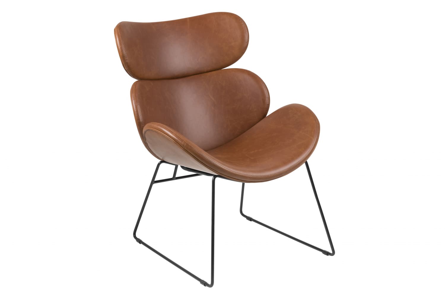 Cazy Sessel aus vintage cognac farbenen PU Kunstleder mit schwarzen Gestell.