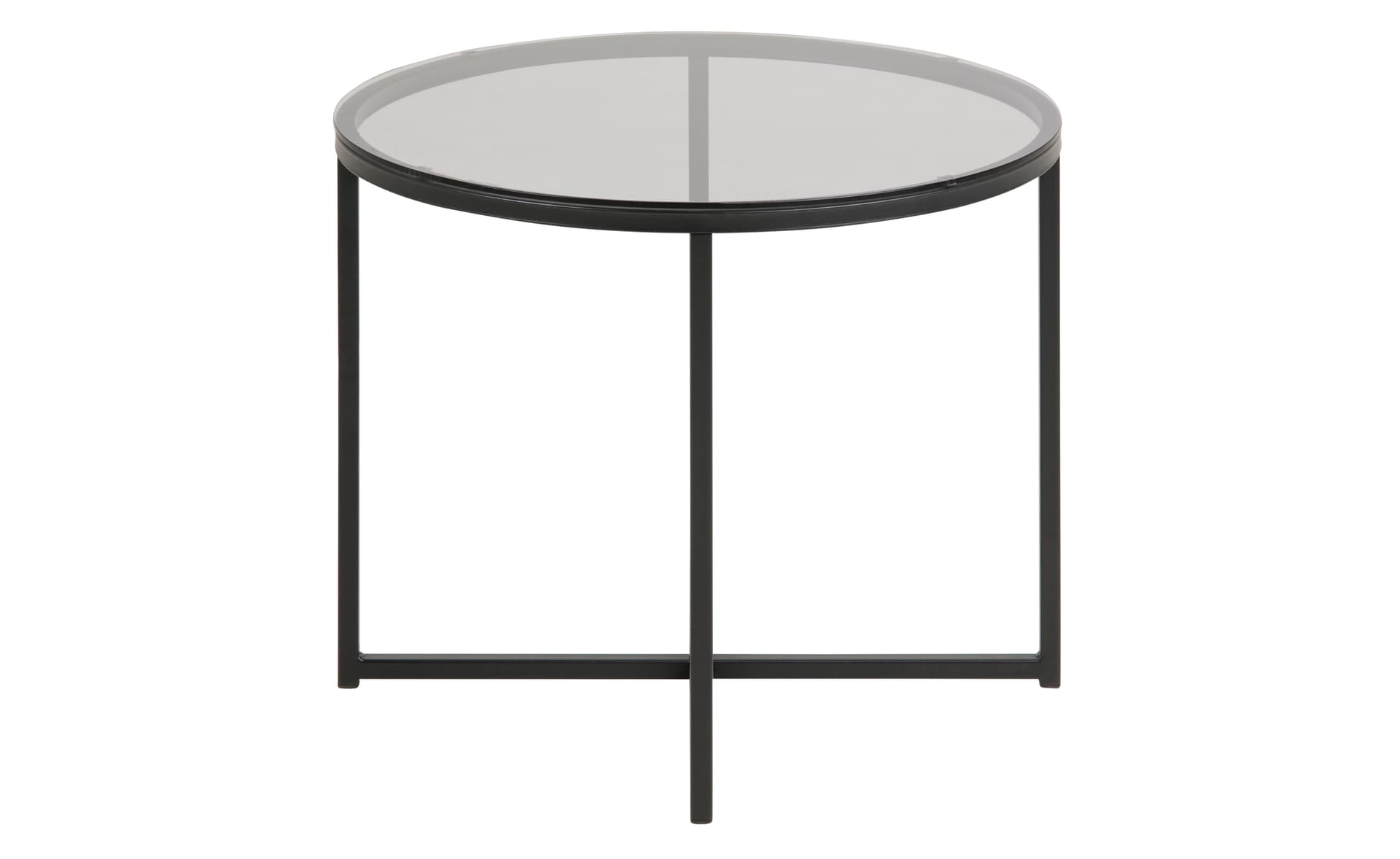 Cape Couchtisch Ecktisch Ø 55 cm Rauchfarbenes Glas und Metall matt schwarz.