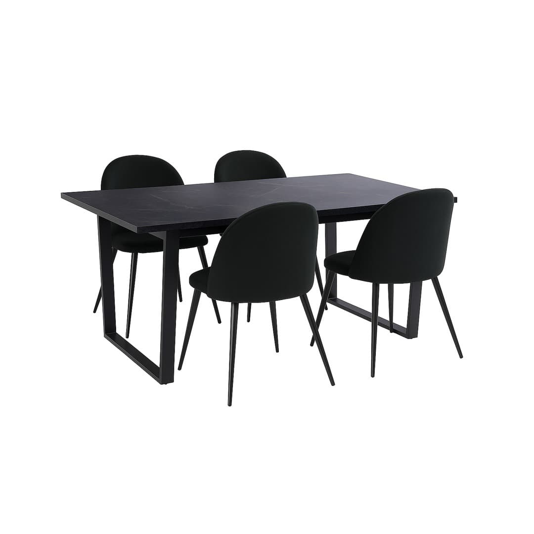 Tilst Essgruppe Tisch schwarz Marmor Print 90x160 4 Stühlen Velour schwarz.
