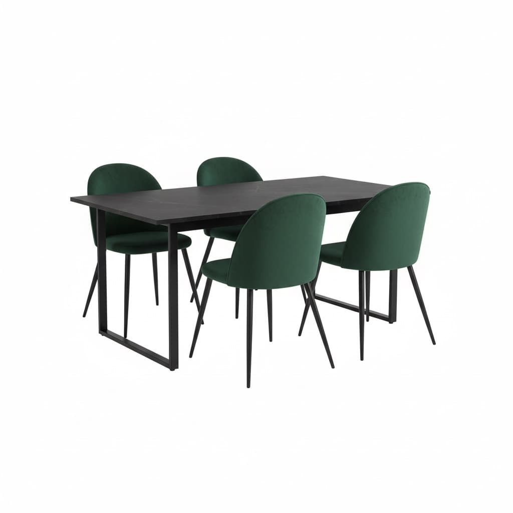Tilst Essgruppe Tisch schwarz Marmor Print 90x160 4 Stühlen Velour grün.