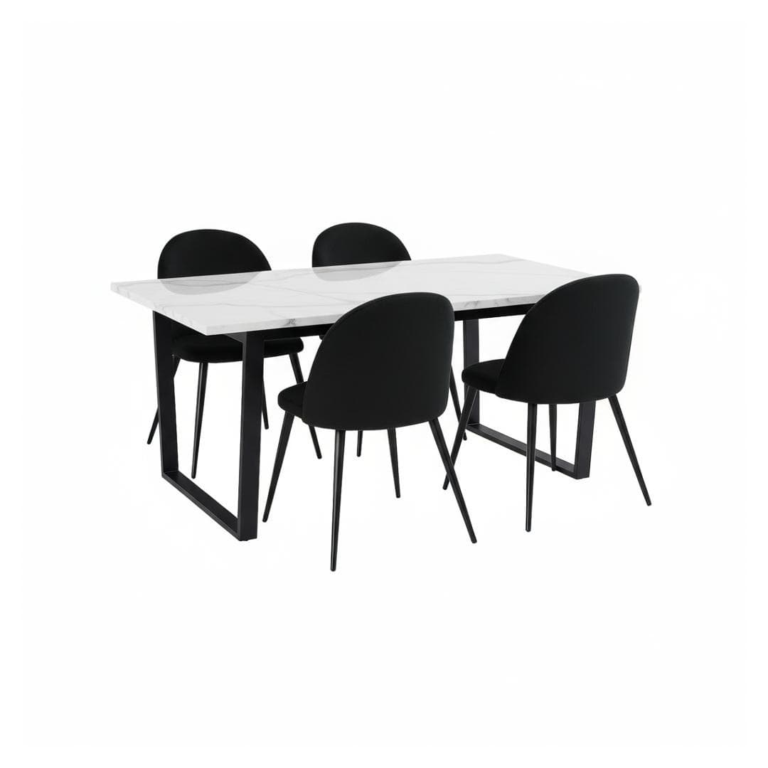 Tilst Essgruppe Tisch weiß Marmor Print 90x160 4 Stühlen Velour schwarz.