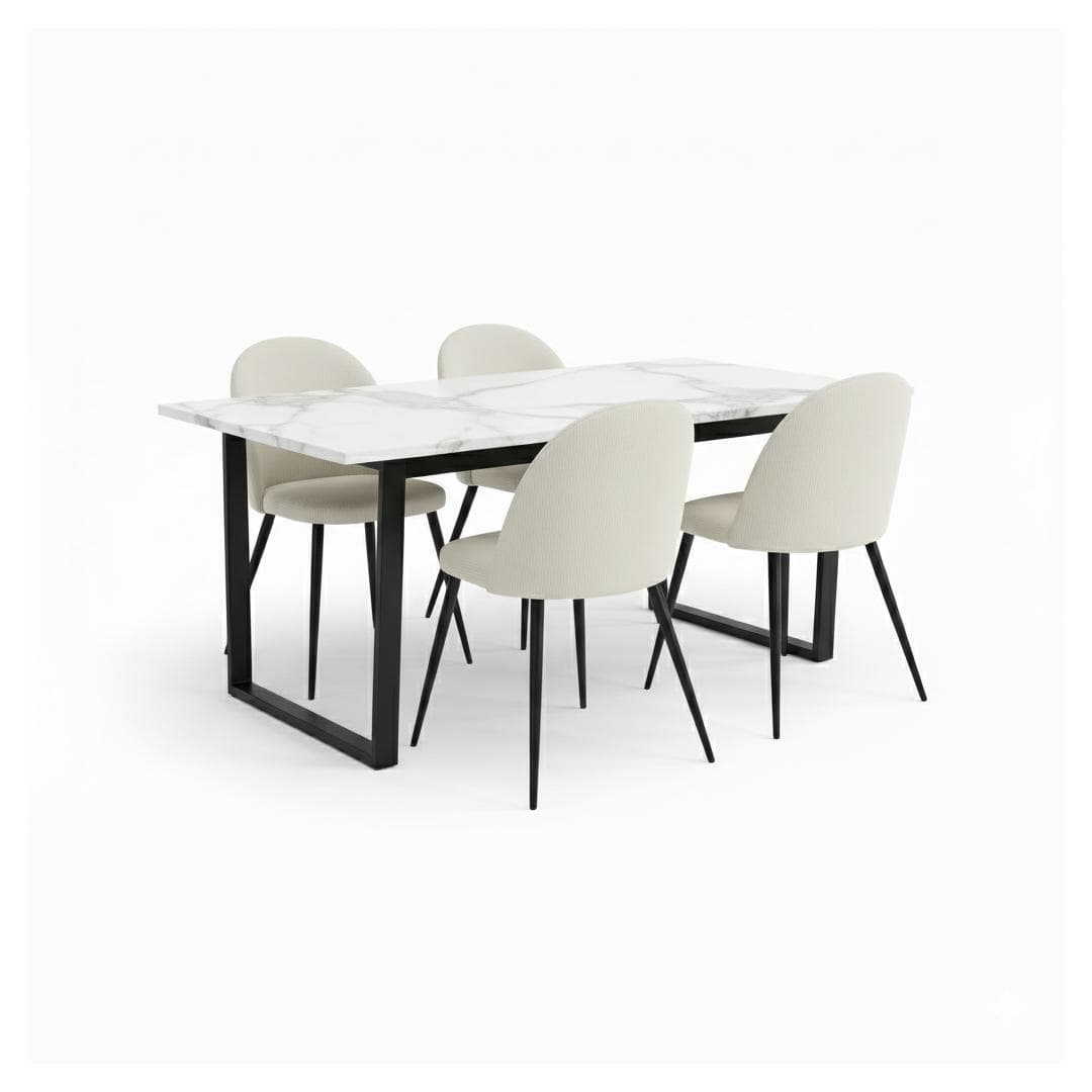 Tilst Essgruppe Esstisch mit weißem Marmordruck und 4 Stühlen Samt beige.