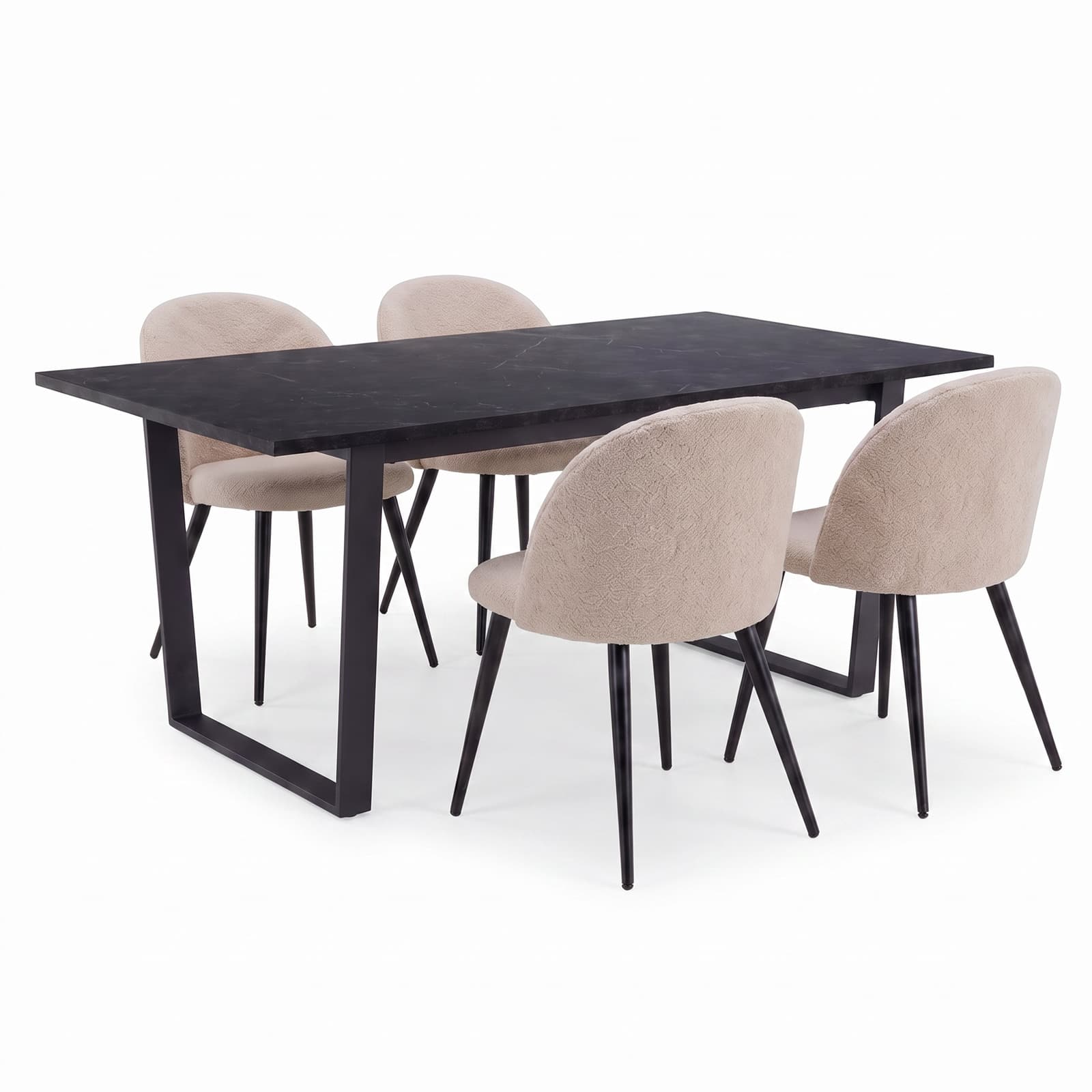 Tilst Essgruppe Tisch Marmoroptik schwarz 90x160 und 4 Bouclé-Stühle beige.