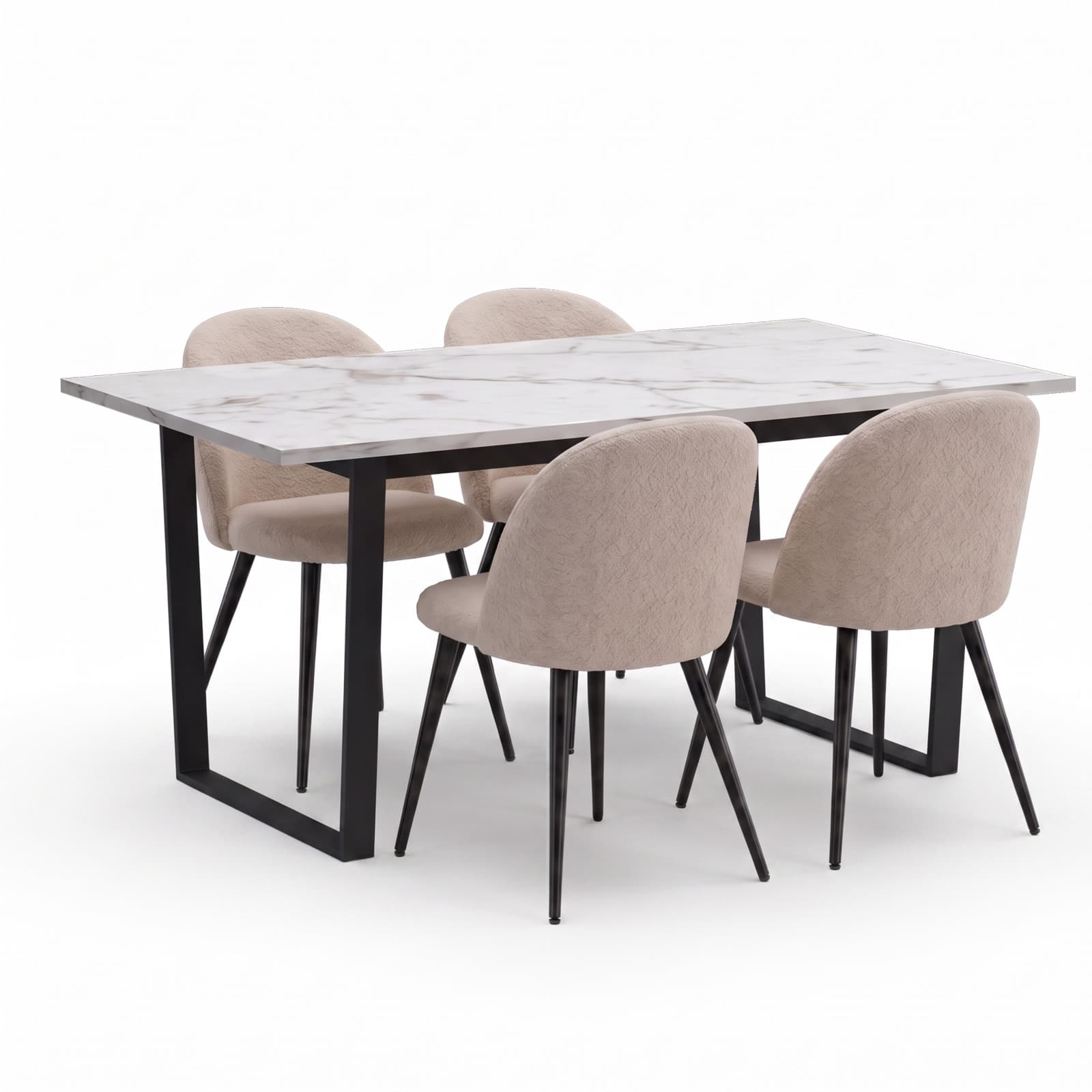 Tilst Essgruppe Tisch Marmoroptik weiß 90x160 und 4 Bouclé-Stühle beige.