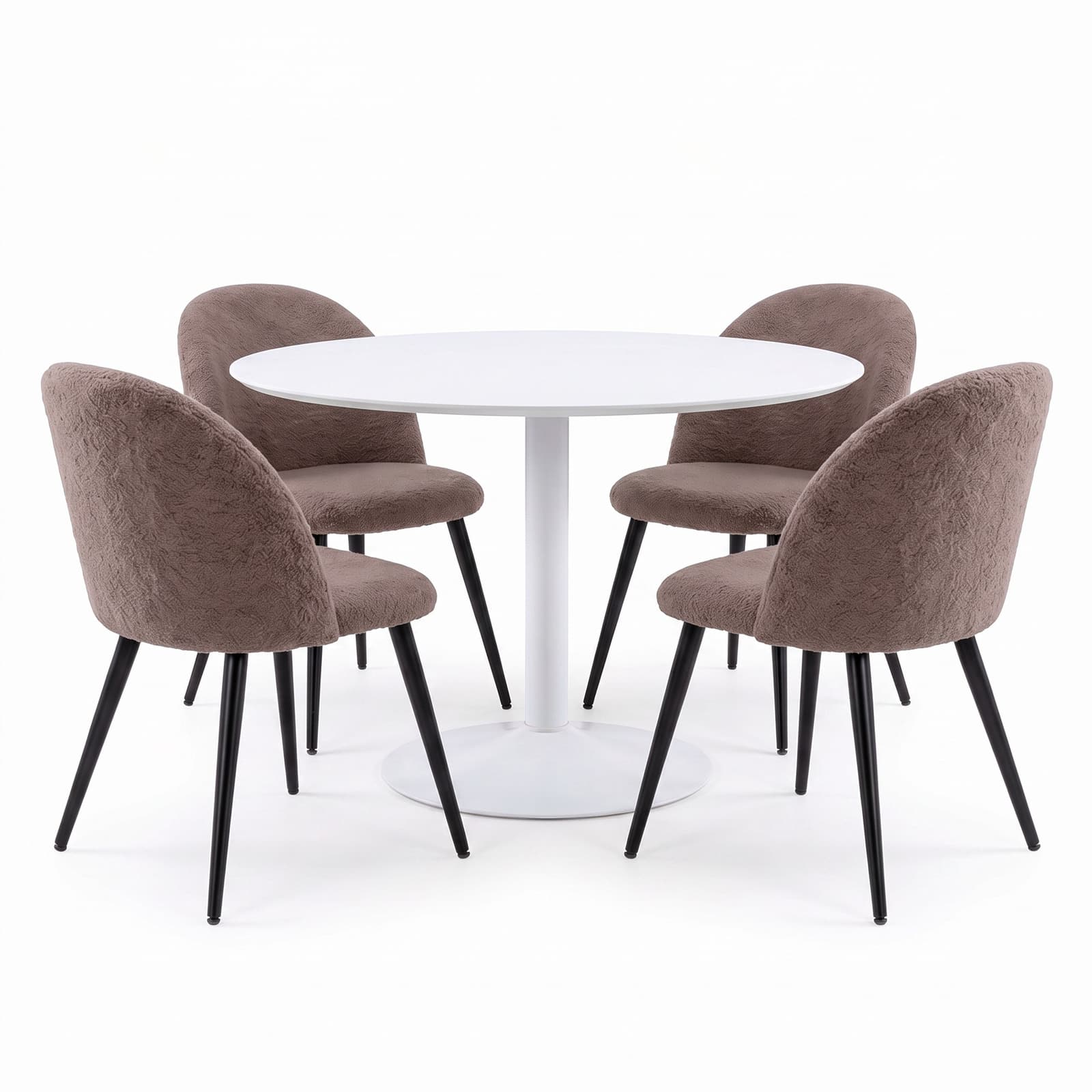 Carry Essgruppe Tisch Ø110 cm, 4 Bouclé-Stühle braun.