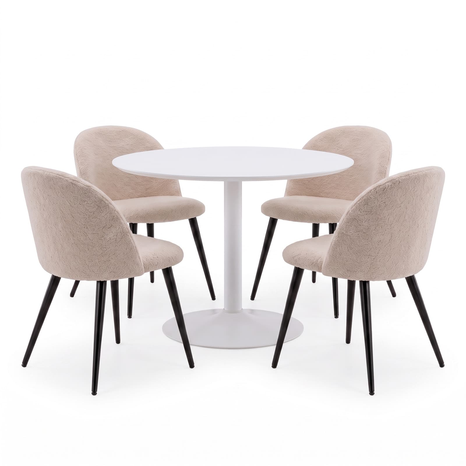 Carry Essgruppe Tisch Ø110 cm, 4 Bouclé-Stühle beige.