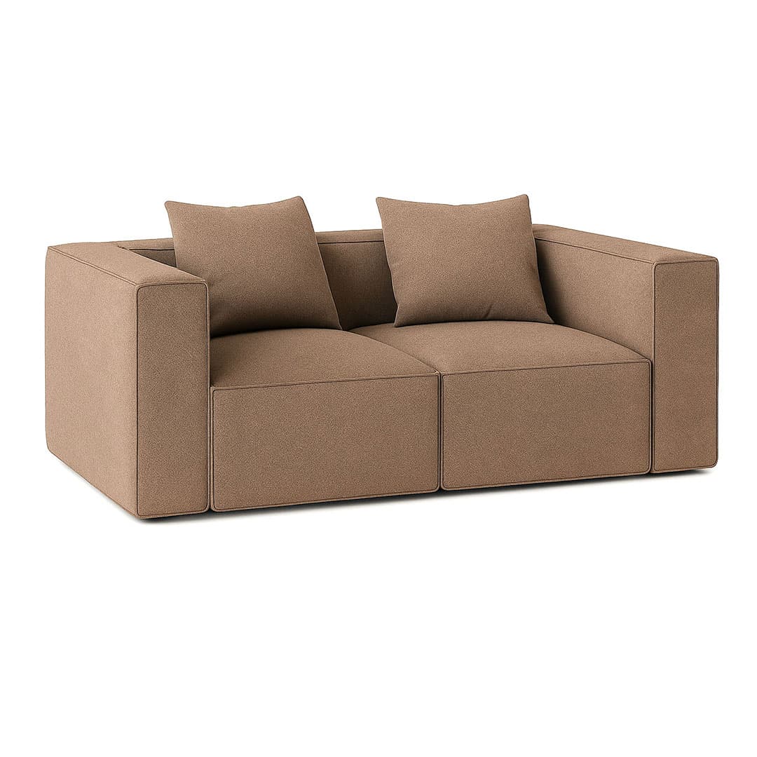 Box 2-Sitzer Sofa, 2 Dekokissen beige, braun.