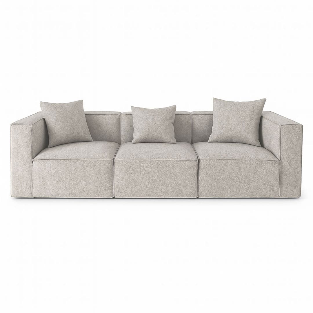 Box 3-Sitzer Sofa, 3 Dekokissen hellgrau.