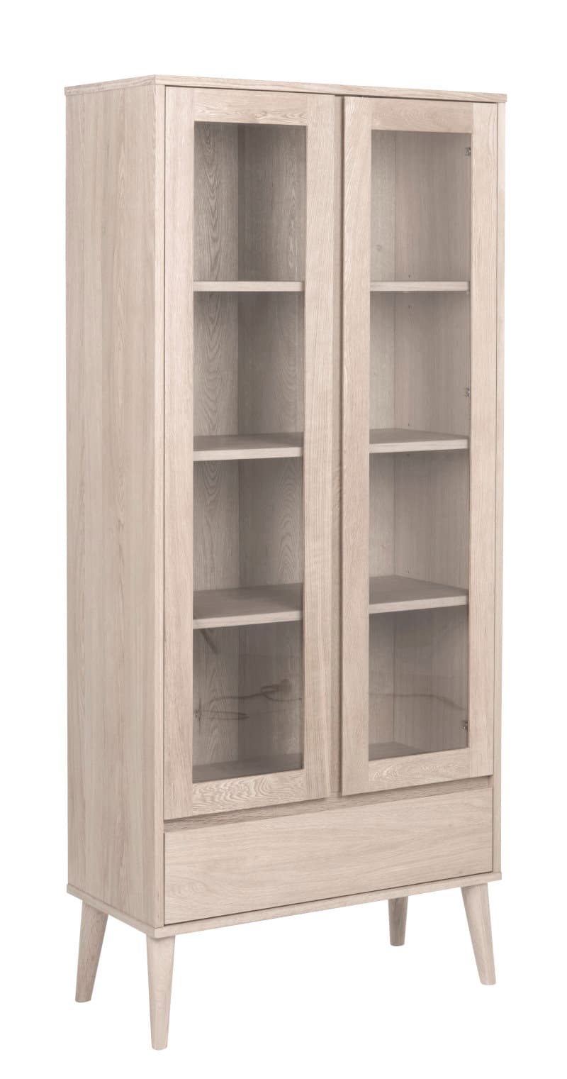 Naila Vitrine mit 2 Glastüren und 1 Schublade aus Eiche Furnier und massiv weiß gelaugte Eiche