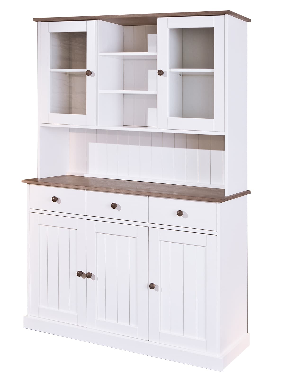 Wright Sideboard 3 Türen, 2 Glastüren, 3 Schubladen, 3 offene Fächer, weiss, braun.