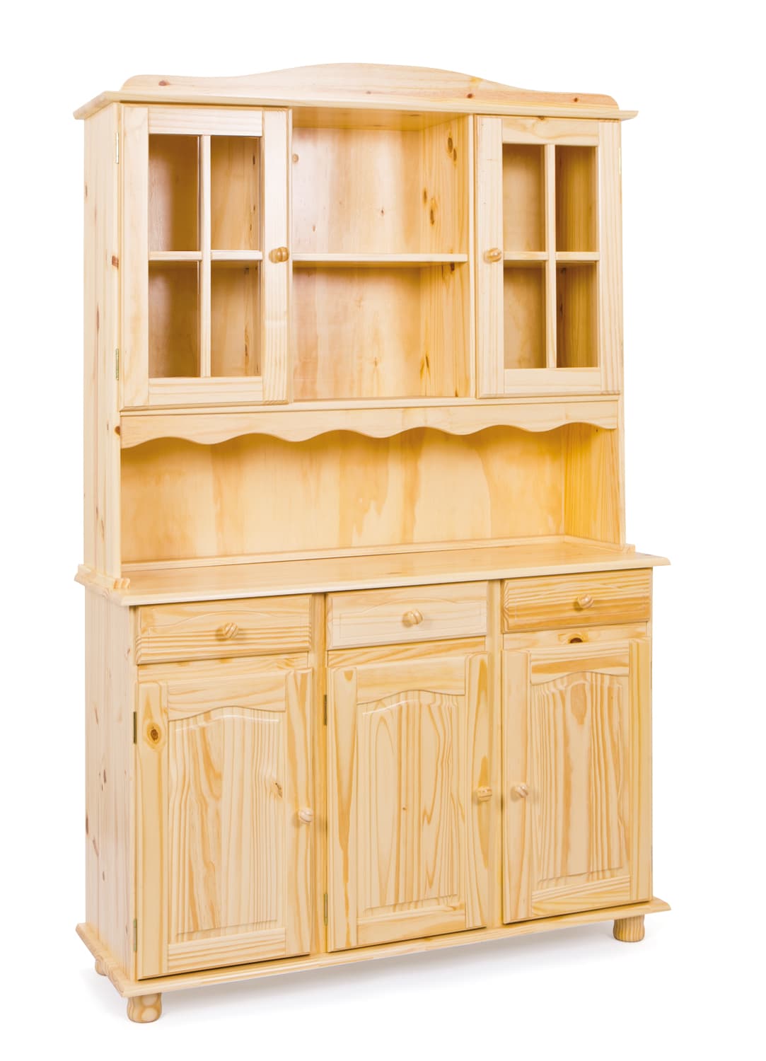 Toswa Vitrinenschrank 3 Türen, 2 Glastüren, 3 Schubladen, 2 offene Fächer, natur.