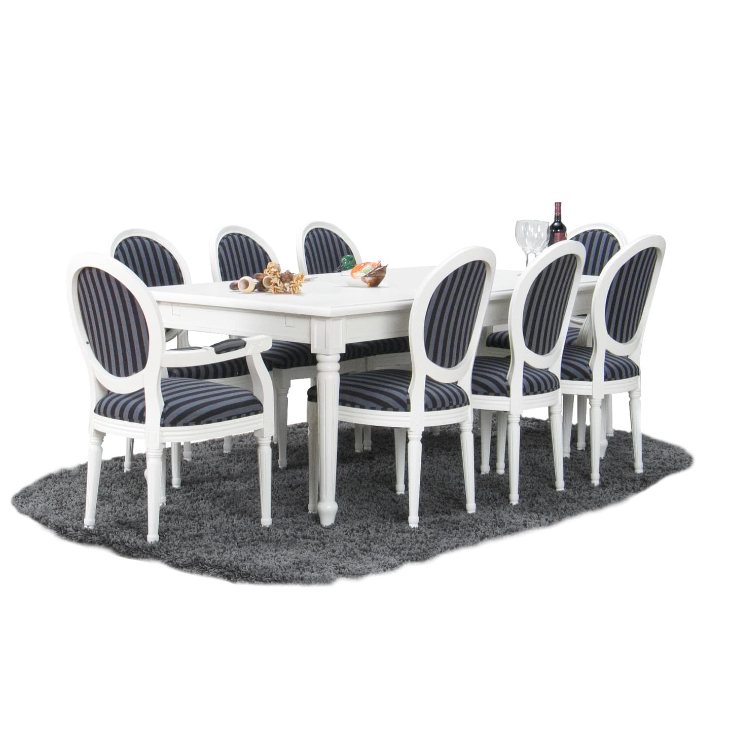Amaretta Essgruppe 100x180/280 einschl. 2 Zusatzplatten antik weiß mit 2+6 Rokoko Stühlen antik weiss/schwarz.