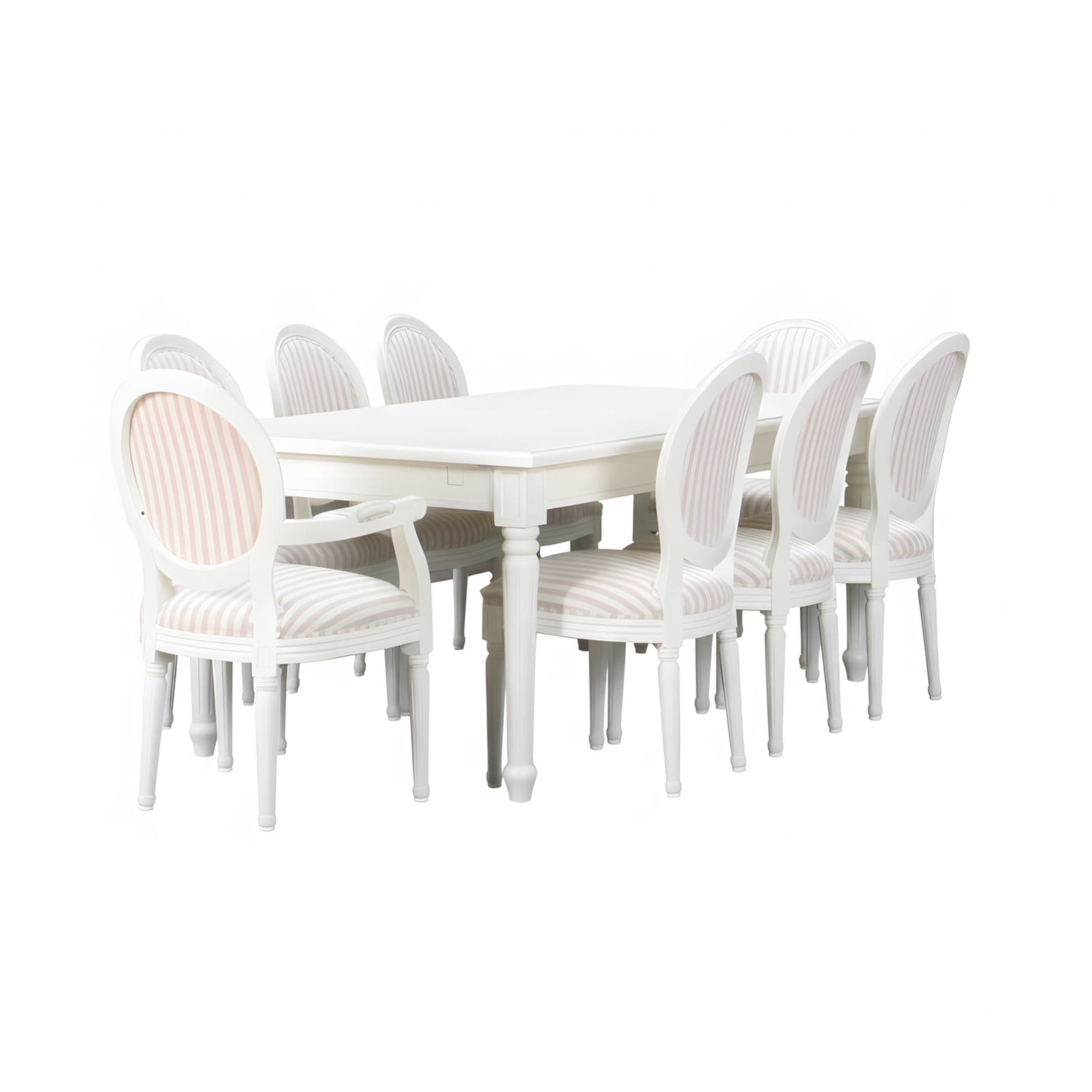 Amaretta Essgruppe 100x180/280 einsch. 2 Zusatzplatten antik weiß mit 2+6 Rokoko Stühlen antik weiss/beige.