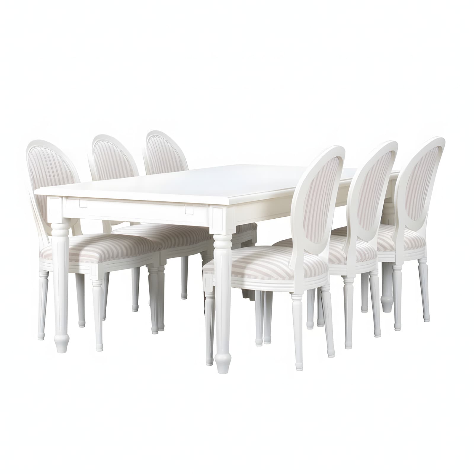 Amaretta Essgruppe 100x180/280 einschl. 2 Zusatzplatten antik weiß mit Rokoko Stühlen antik weiß/beige.