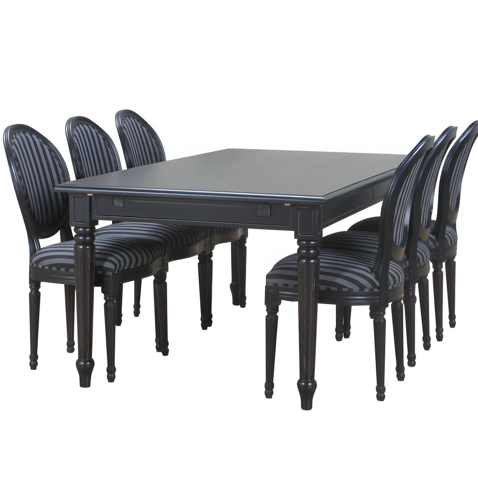 Amaretta Essgruppe100x180/280 einschl. 2 Zusatzplatte schwarz mit 6 Rokoko Stühlen antik schwarz/sch