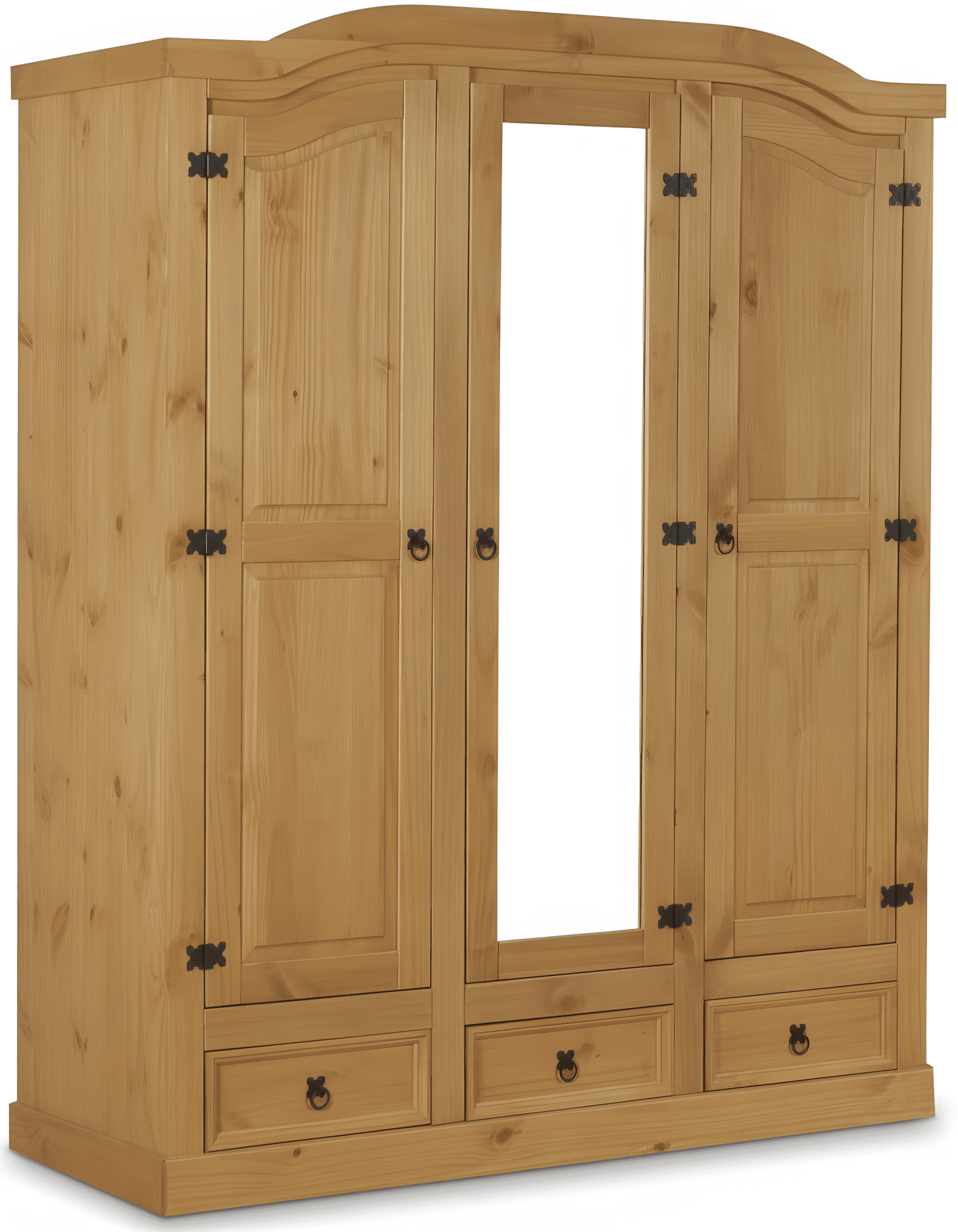 New Mexico Kleiderschrank 3 türig mit einer Spiegeltür, 2 getäfelten Türen und 3 Schubladen gelaugt, gewachst.