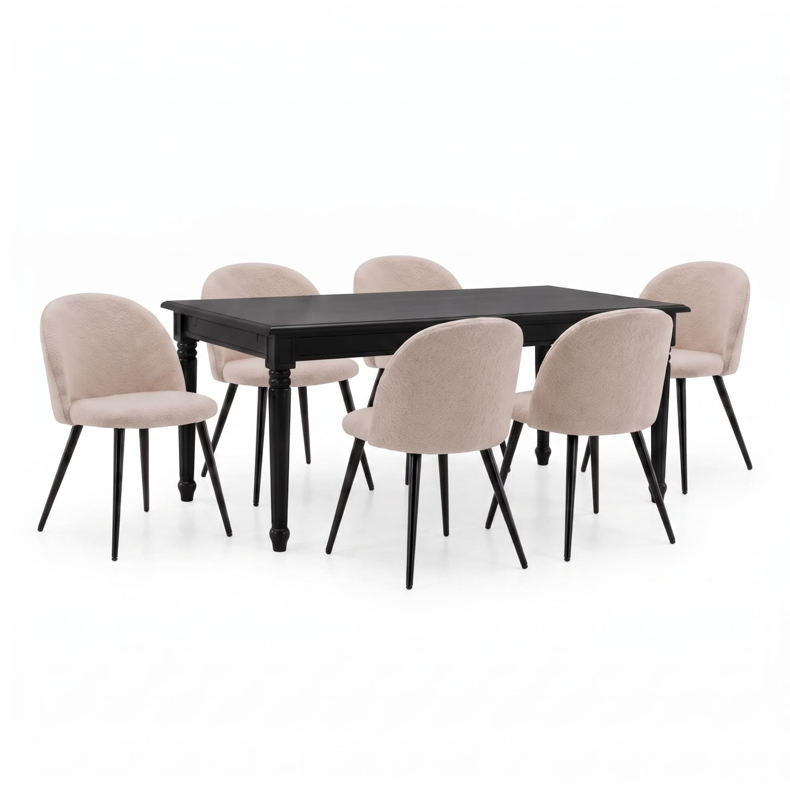 Amaretta Essgruppe Tisch schwarz 100x180/280 inkl. 2 Einlegeplatten, 6 Bouclé-Stühle beige.