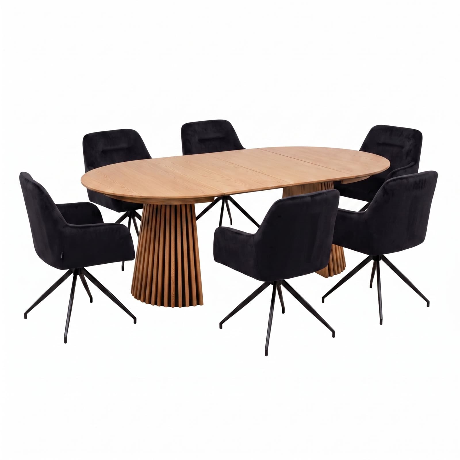 Tokyo Essgruppe Tisch 120x120/160/200cm inkl. 2 Einlegeplatten Eiche naturfarben und 6 Moon Stühle Velours schwarz.