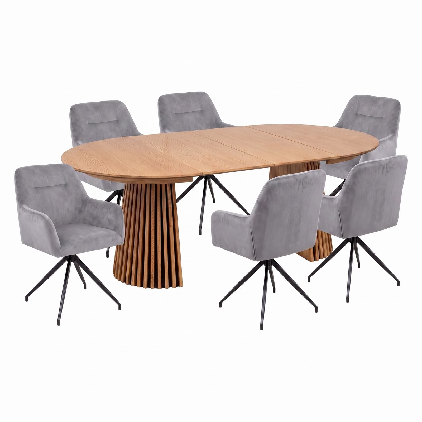 Tokyo Essgruppe Tisch 120x120/160/200cm inkl. 2 Einlegeplatten Eiche naturfarben und 6 Moon Stühle Velours grau.