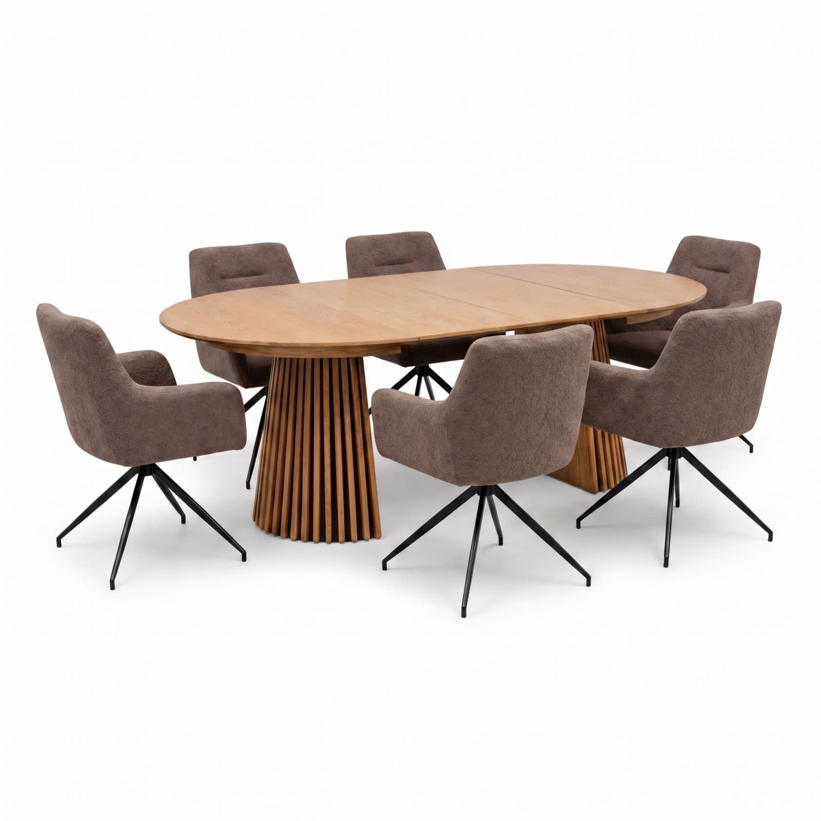 Tokyo Essgruppe Tisch 120x120/160/200cm inkl. 2 Einlegeplatten Eiche naturfarben und 6 Moon Stühle boucle braun.