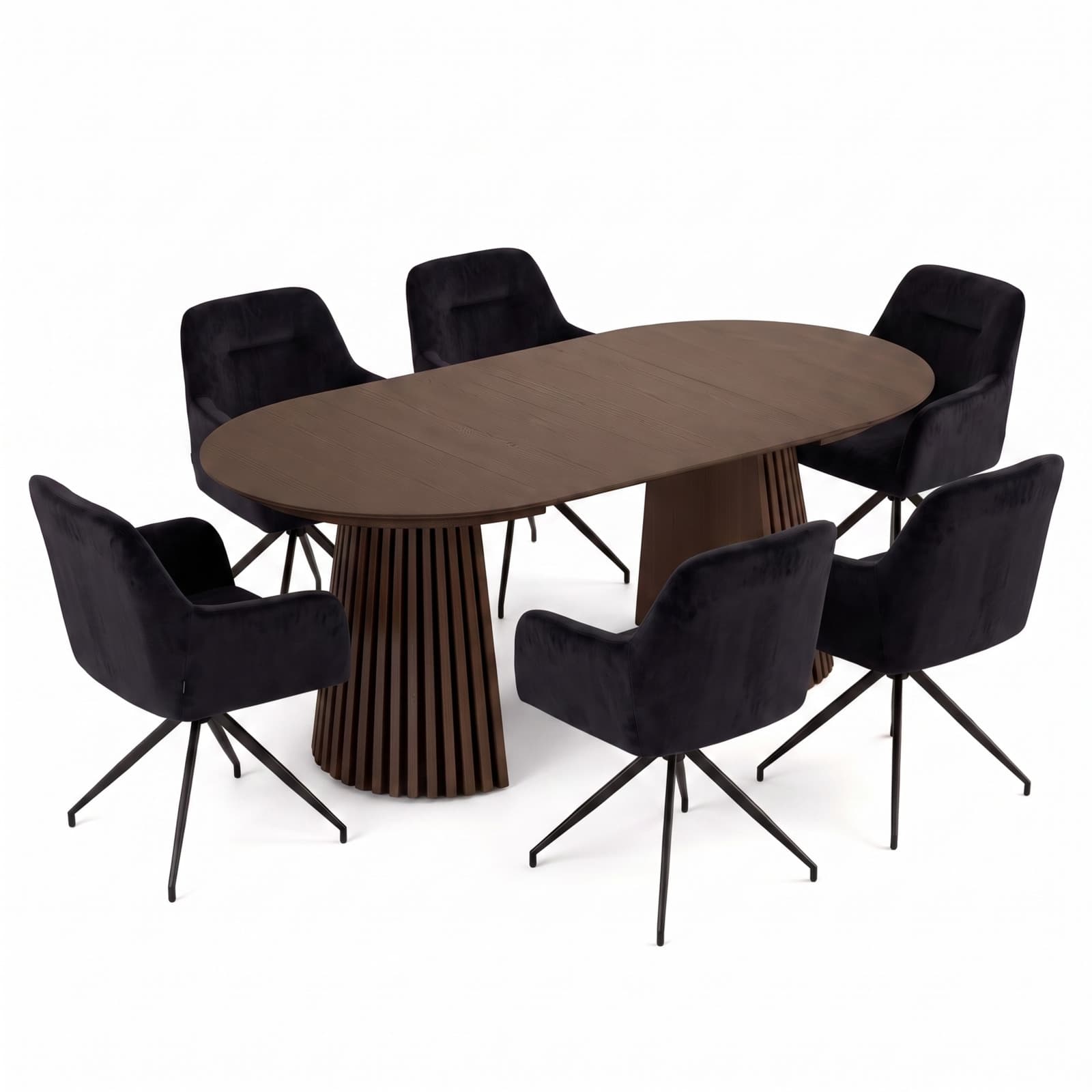 Tokyo Essgruppe Tisch 120x120/160/200cm inkl. 2 Einlegeplatten Eiche Smoked und 6 Moon Stühle Velours schwarz.