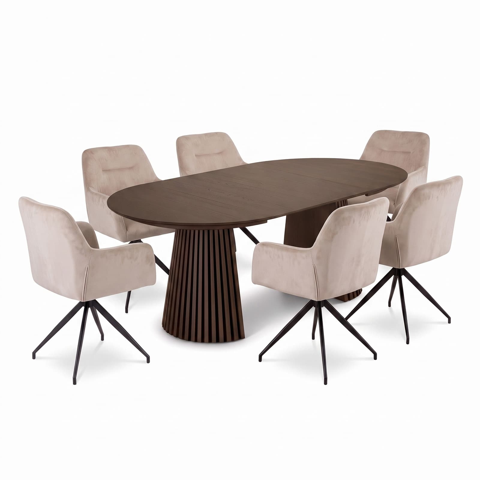 Tokyo Essgruppe Tisch 120x120/160/200cm inkl. 2 Einlegeplatten Eiche Smoked und 6 Moon Stühle Velours beige.