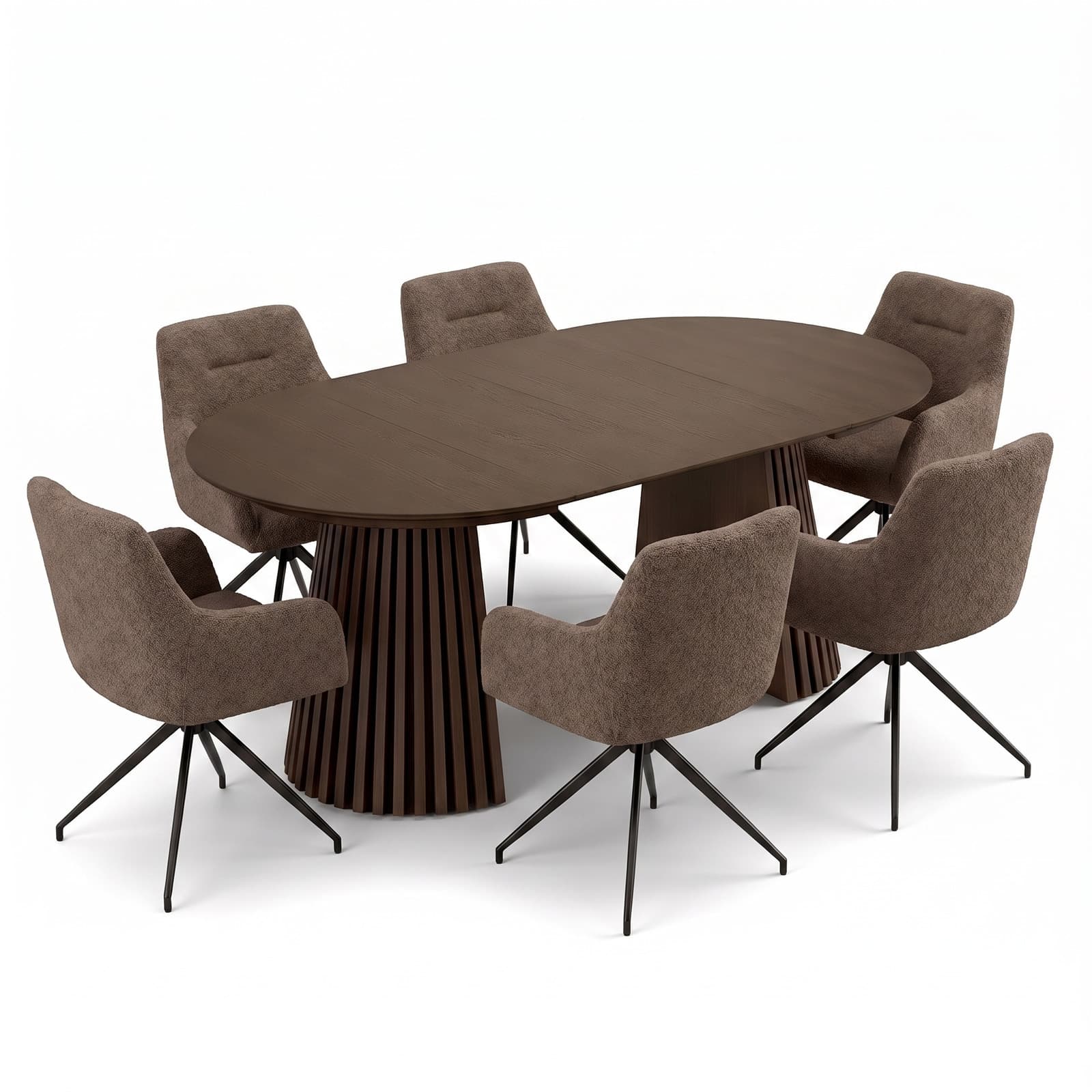 Tokyo Essgruppe Tisch 120x120/160/200cm inkl. 2 Einlegeplatten Eiche Smoked und 6 Moon Stühle boucle braun.