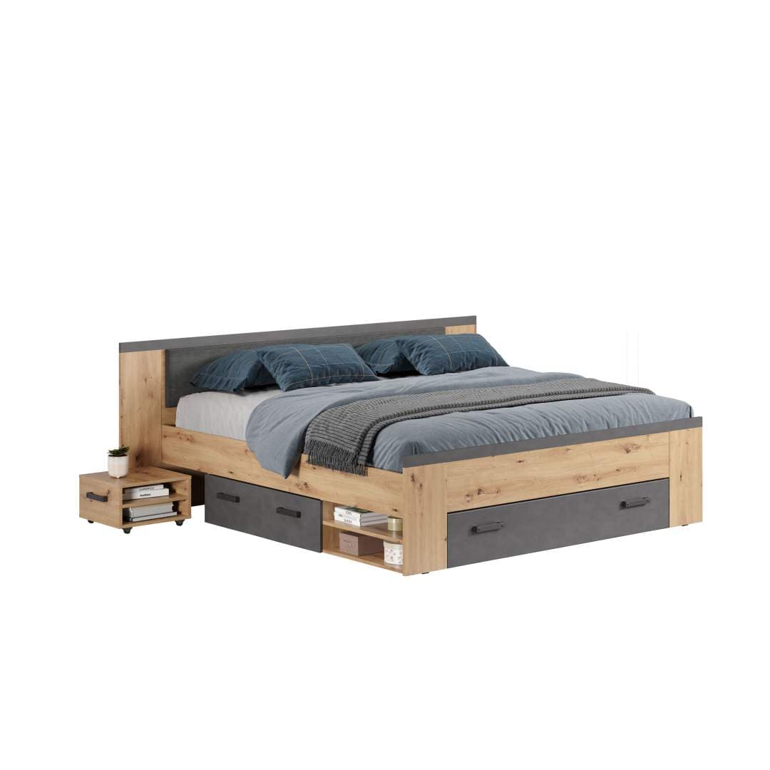 Follow Bett 180x200cm mit Nachttisch, Schubladen, Regalen auf beiden Seiten Eiche dekor, grau.