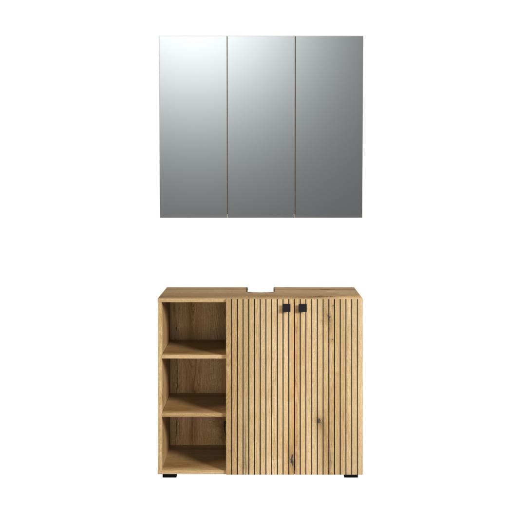 PureBliss Badmöbelset Waschschrank und Spiegelschrank Eiche Dekor.