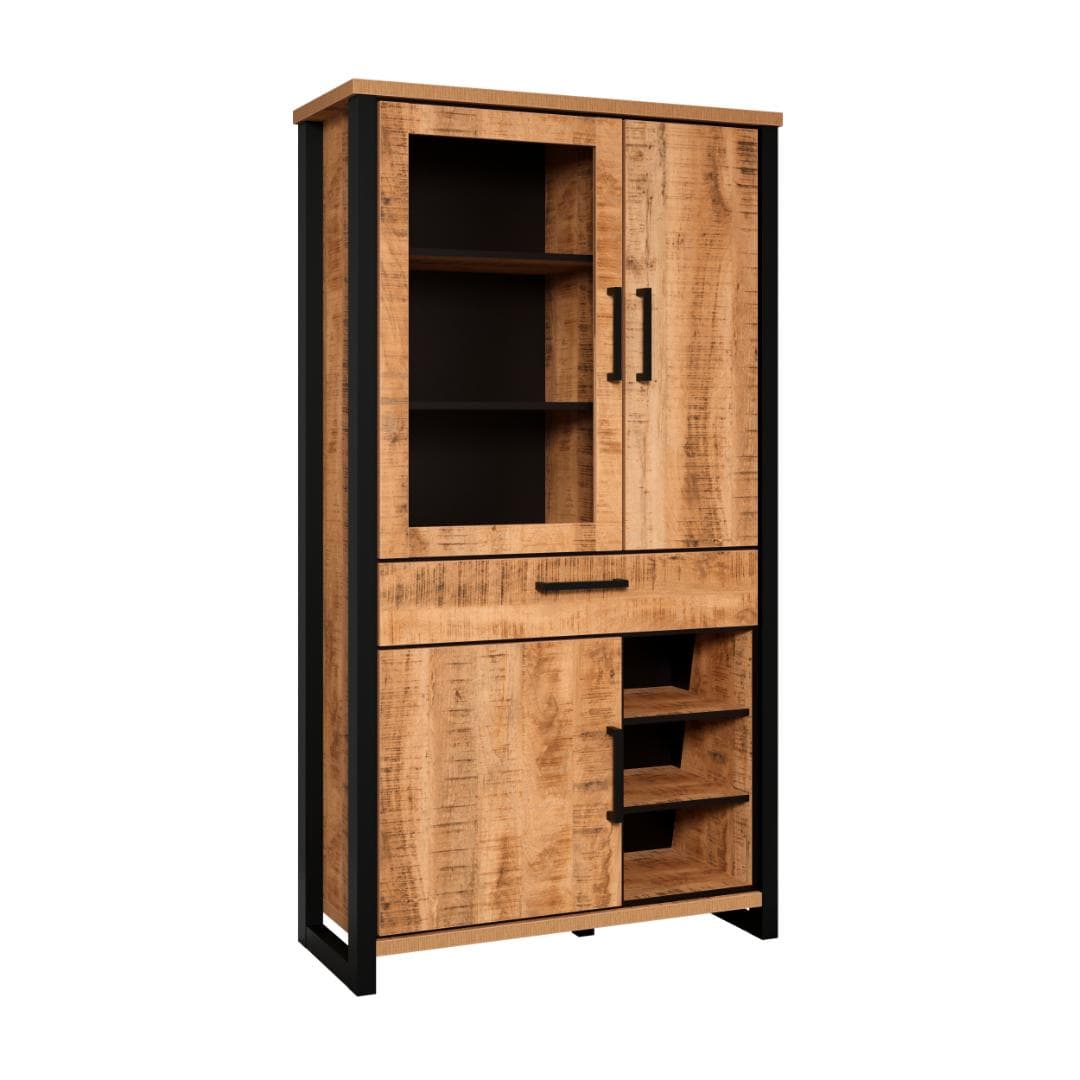 Enna Vitrinenschrank 3 Türen, 1 Schublade, 3 Regale Mango-Dekor.