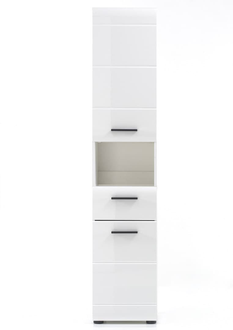 SkinGloss Bad Hochschrank 2 Türen, 2 Schublade, 1 offenes Fach weiß, weiß Hochglanz.