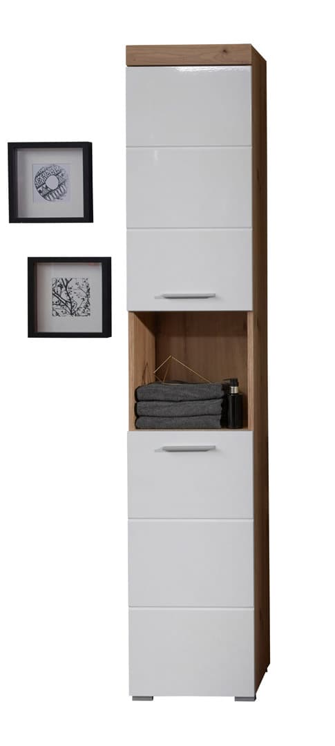 AmandaMando Bad Hochschrank 2 Türen, 1 offenes Fach Eiche Dekor, weiß Hochglanz.