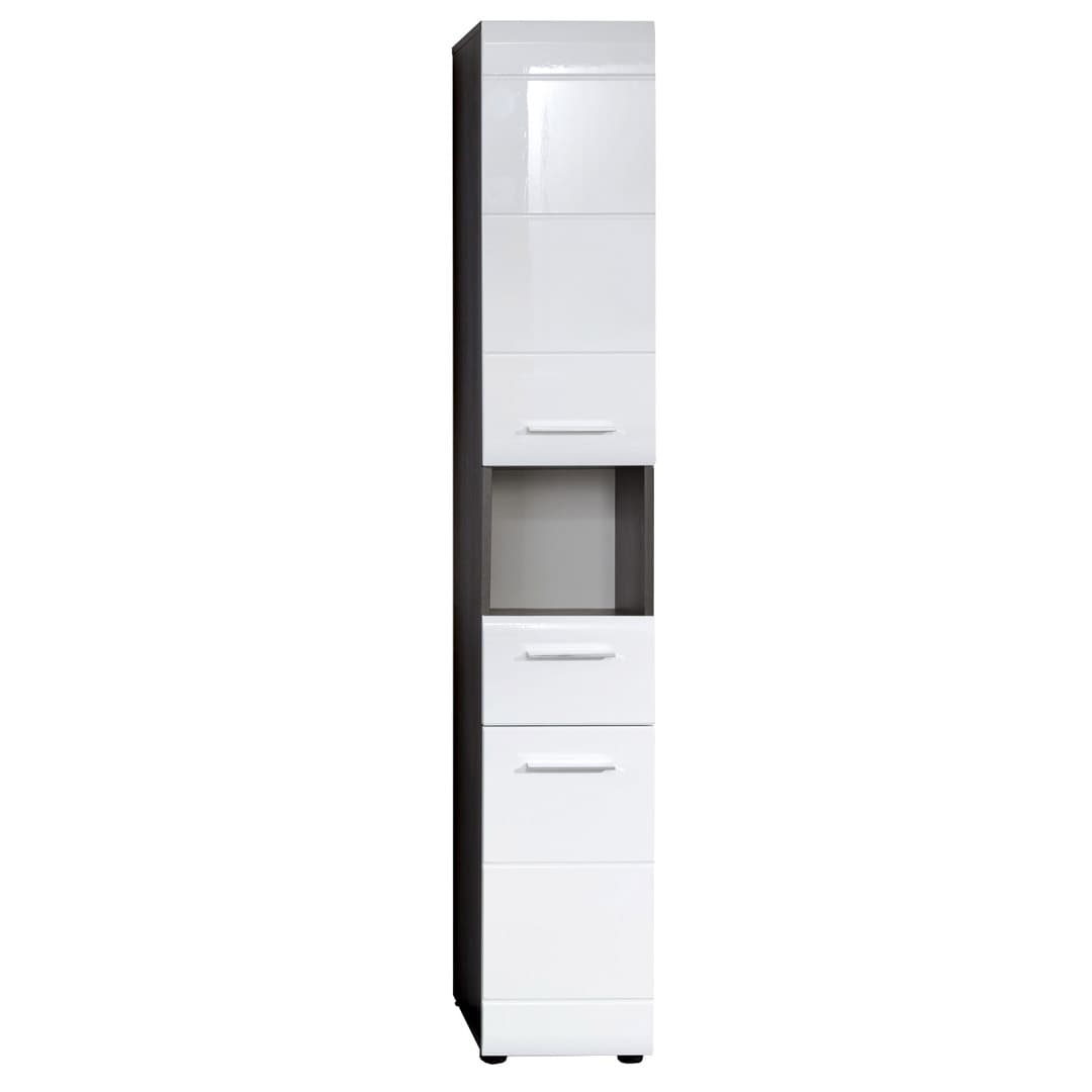 Line Bad Hochschrank 2 Türen, 1 Schublade, 1 offenes Fach rauchsilber, weiß Hochglanz.